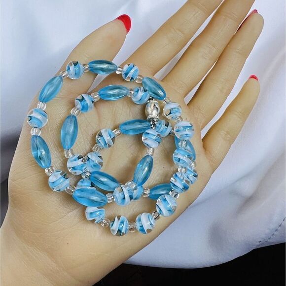 Vintage Art Glass Necklace Crystal White Swirl Aqua Blue AB Sterling Silver 4609 - Picture 6 of 10